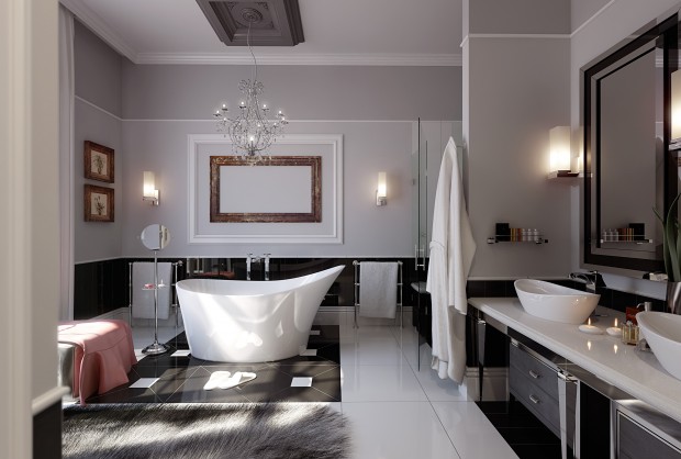 Salle de bain avec d'excellentes installations dans un style moderne